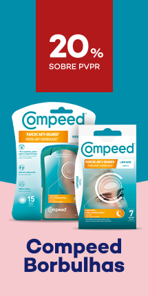 Pensos para borbulhas da marca Compeed com destaque promocional de 20% sobre preço de Venda ao Público Recomendado